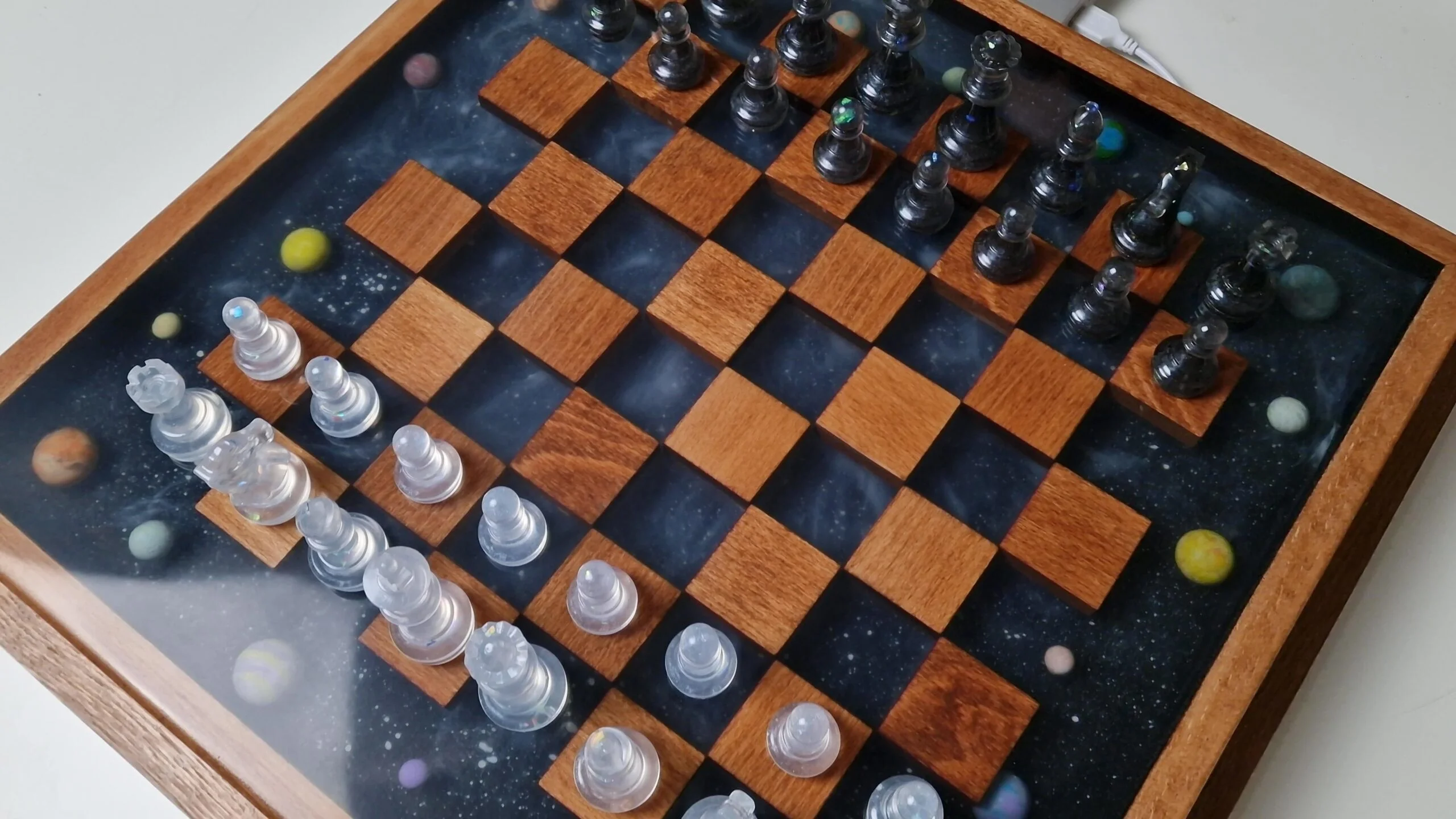 Space Chess made of Oak and Epoxy Resin